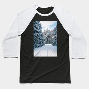 A photo of snow field near trees Baseball T-Shirt